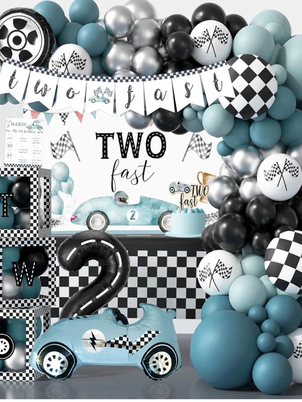Two Fast Aqua Blue Racing Party Balloon Kit Decorations 2nd Birthday